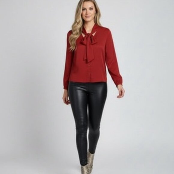 Joie 100% Silk Button Down Red Blouse with Bow Tie (Medium) - Picture 6 of 12